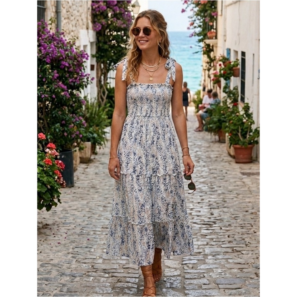 Jessica Simpson Abstract Print Smocked Tiered Midi Dress Medium Euro Summer